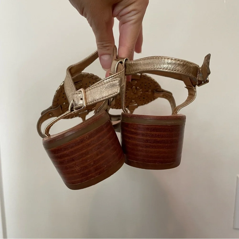 Jack Rogers Gretchen Block Heel Sandals Sz 7 Gold Leather